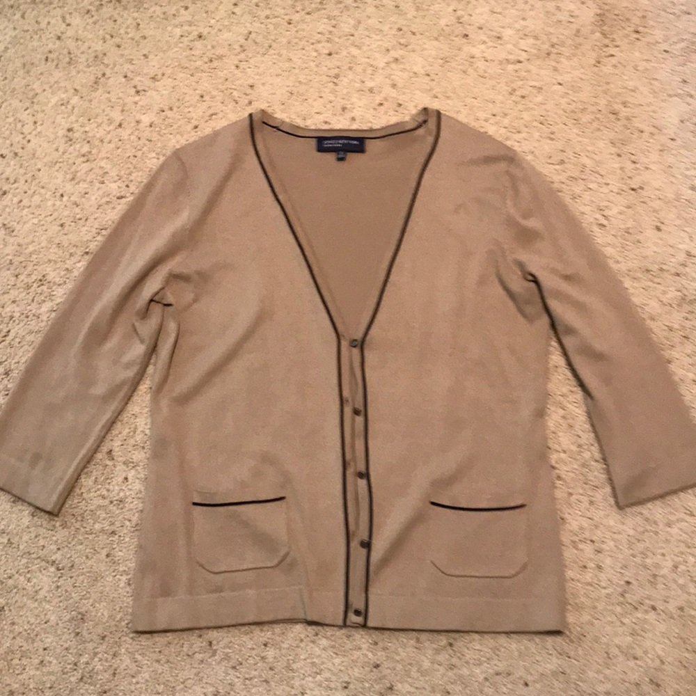 Tan with black trim, 3/4 sleeve cardigan
